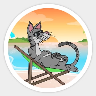 Cat Chilling At Beach With Sunset Comic Style Sticker